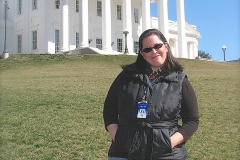 Julia at Virginia Capitol with her press credentials 2009